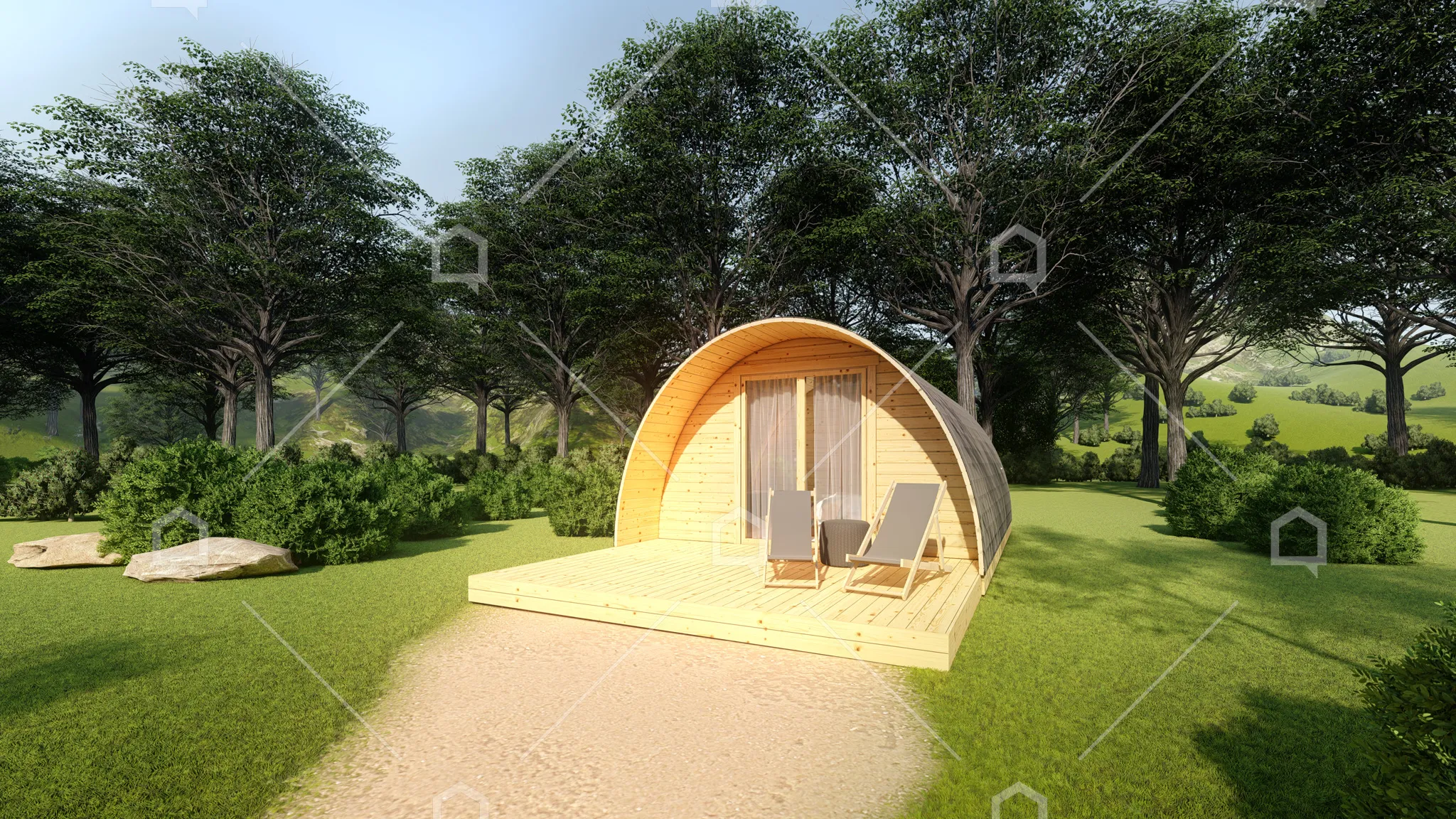 Casa prefabricada modelo Mini casa de madera Pamplona 4x4 con terraza y alero de 31.6 m²