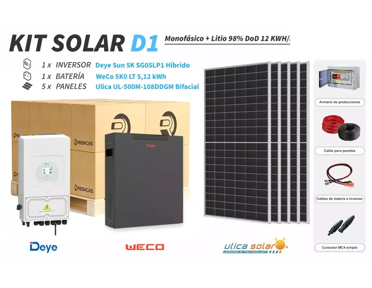 Kit litio Deye D1 12 kWh/día con batería WeCo 5,12 kWh 98% DOD