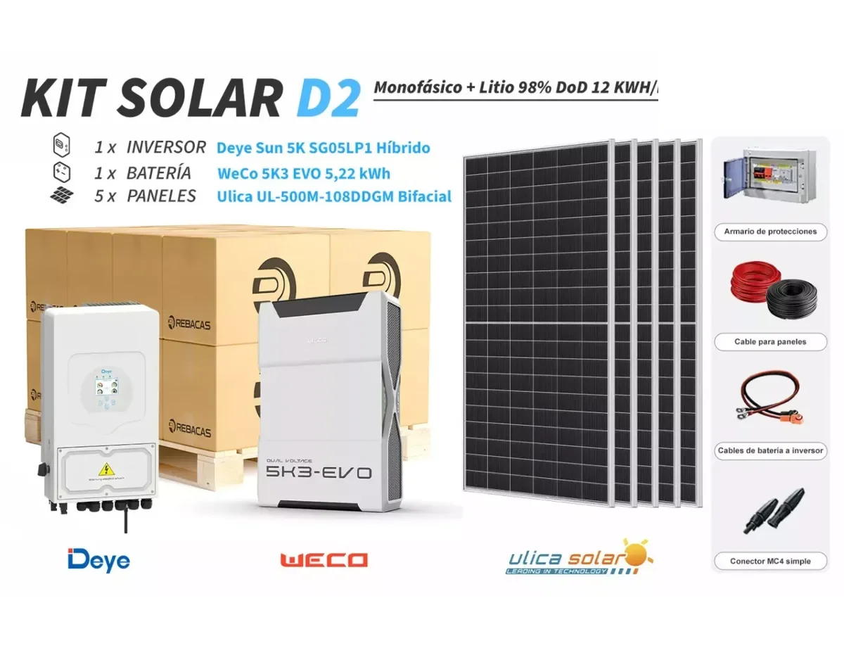 Kit litio Deye D2 12 kWh/día con batería WeCo 5,22 kWh 98% DOD