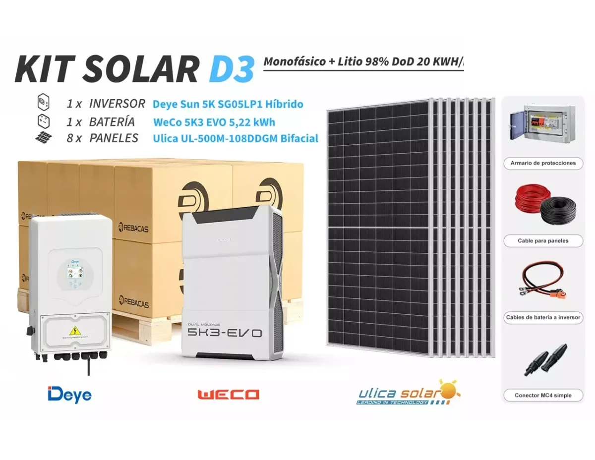 Kit litio Deye D3 20 kWh/día con batería WeCo 5,22 kWh 98% DOD