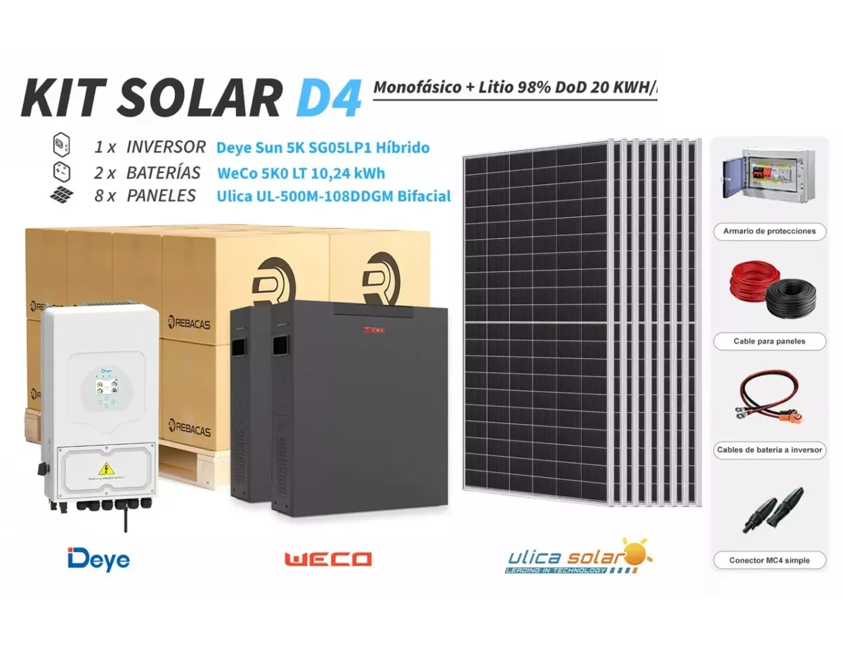 Kit litio Deye D4 20 kWh/día con batería WeCo 10,24 kWh 98% DOD