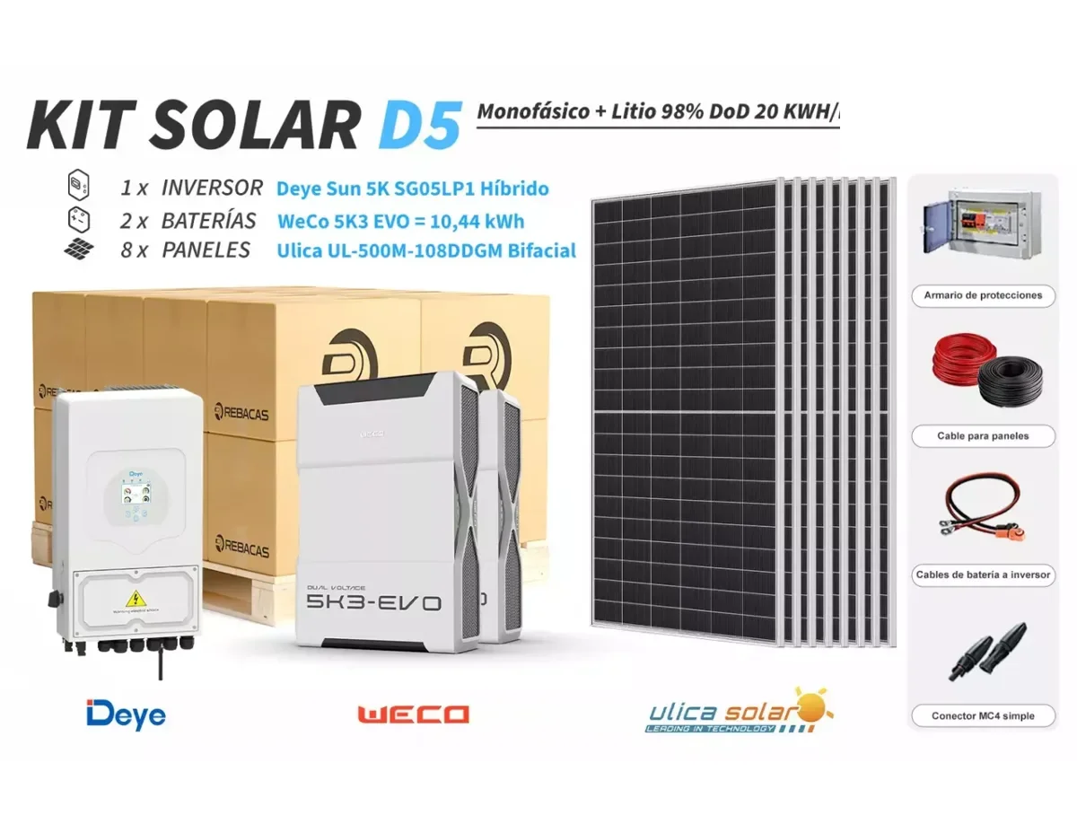 Kit litio Deye D5 20 kWh/día con batería WeCo 10,44 kWh 98% DOD