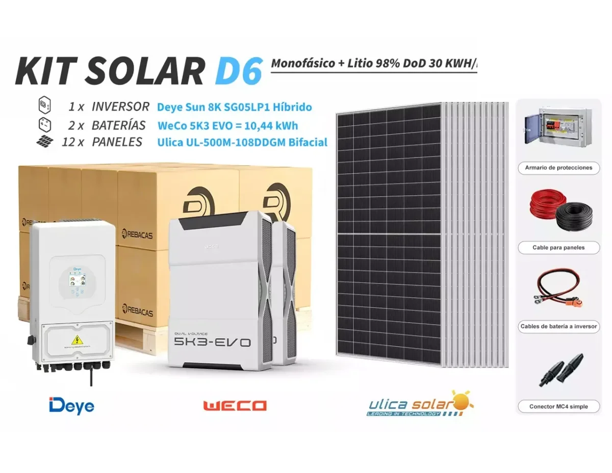 Kit litio Deye D6 30 kWh/día con batería WeCo 10,44 kWh 98% DOD