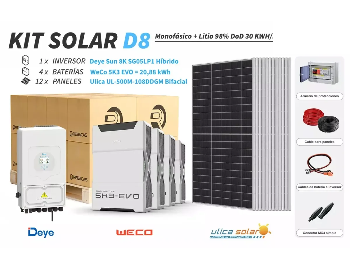 Kit litio Deye D8 30 kWh/día con batería WeCo 20,88 kWh 98% DOD