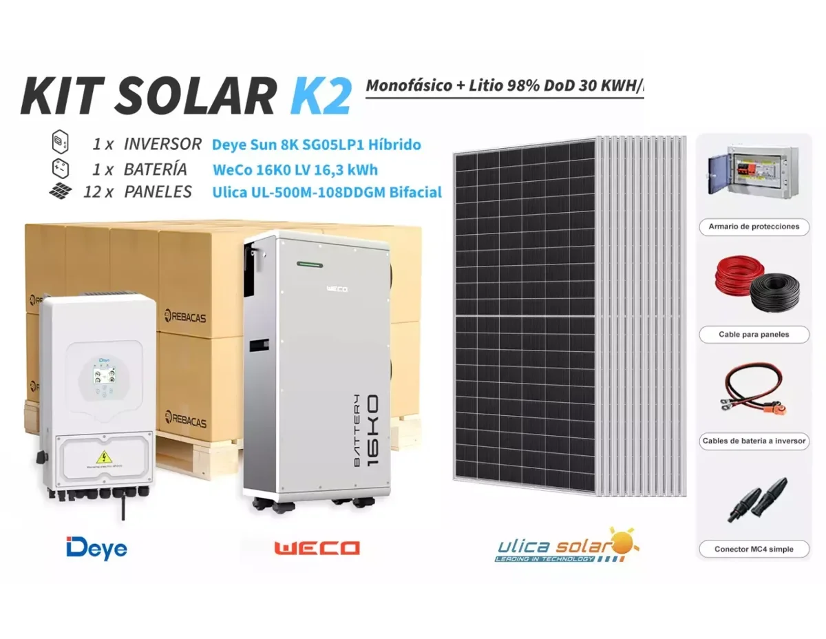 Kit litio Deye K2 30 kWh/día con batería WeCo 16,3 kWh 98% DOD