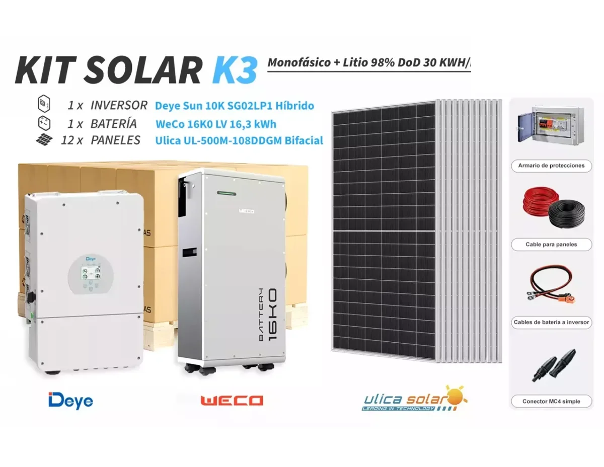 Kit litio Deye K3 30 kWh/día con batería WeCo 16,3 kWh 98% DOD