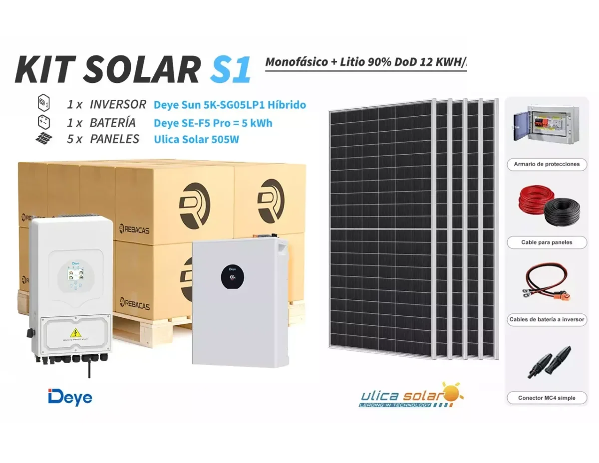 Kit litio Deye S1 12 kWh/día con batería 5,12 kWh 90% DOD