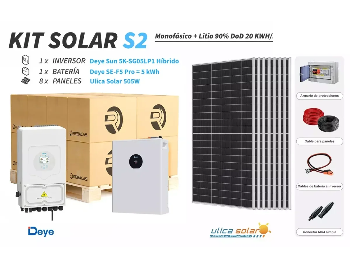 Kit litio Deye S2 20 kWh/día con batería 5,12 kWh 90% DOD