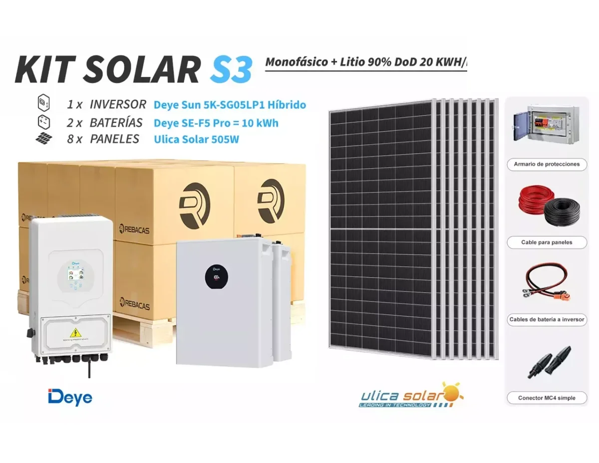 Kit litio Deye S3 20 kWh/día con batería 10,24 kWh 90% DOD