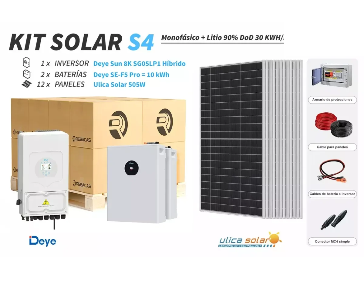 Kit litio Deye S4 30 kWh/día con batería 10,24 kWh 90% DOD