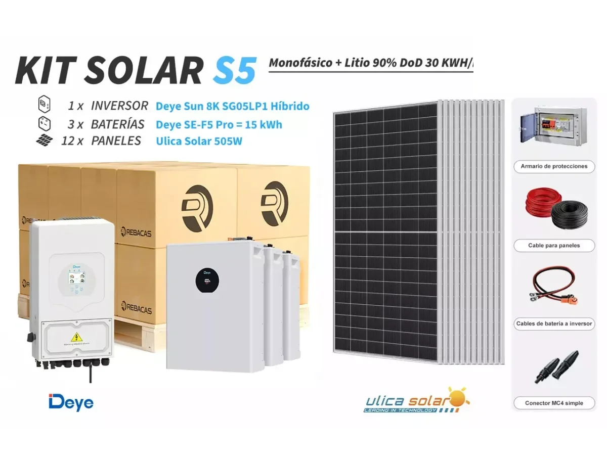 Kit litio Deye S5 30 kWh/día con batería 15,36 kWh 90% DOD