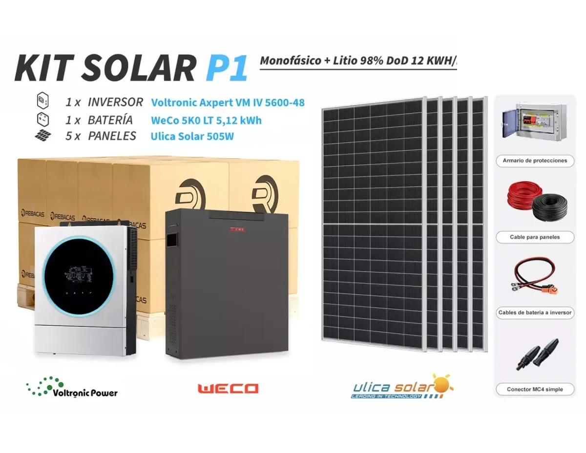 Kit litio P1 12 kWh/día con batería WeCo 5,12 98% DOD