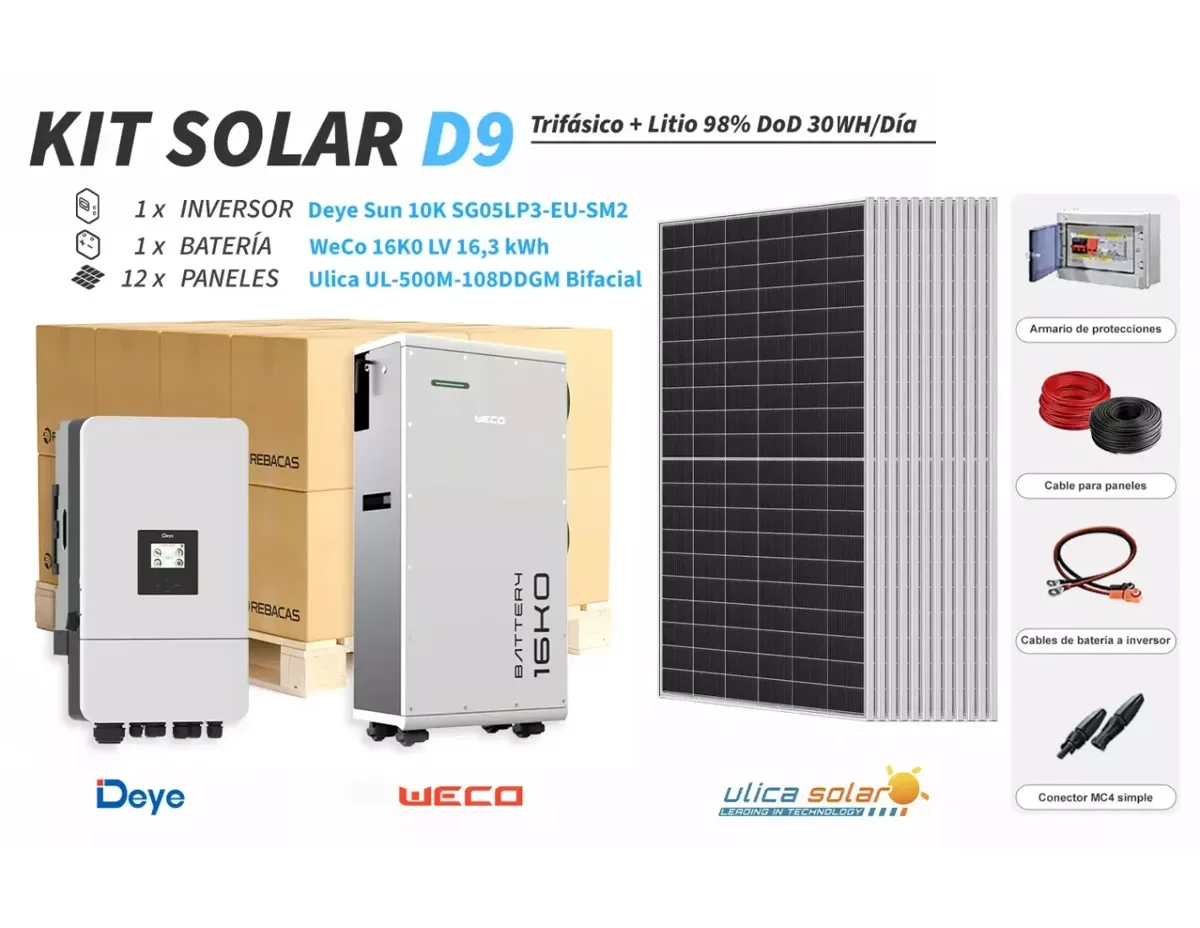 Kit litio trifásico D9 30 kWh/día batería WeCo 16,3 kWh 98% DOD litio