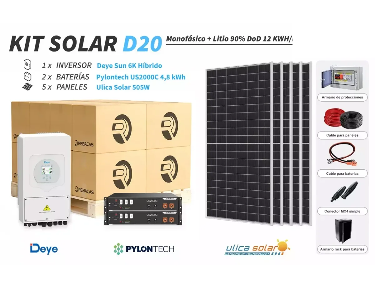 Kit Solar litio D20 12 kWh/día Pylontech 4,8 kWh 90% DOD