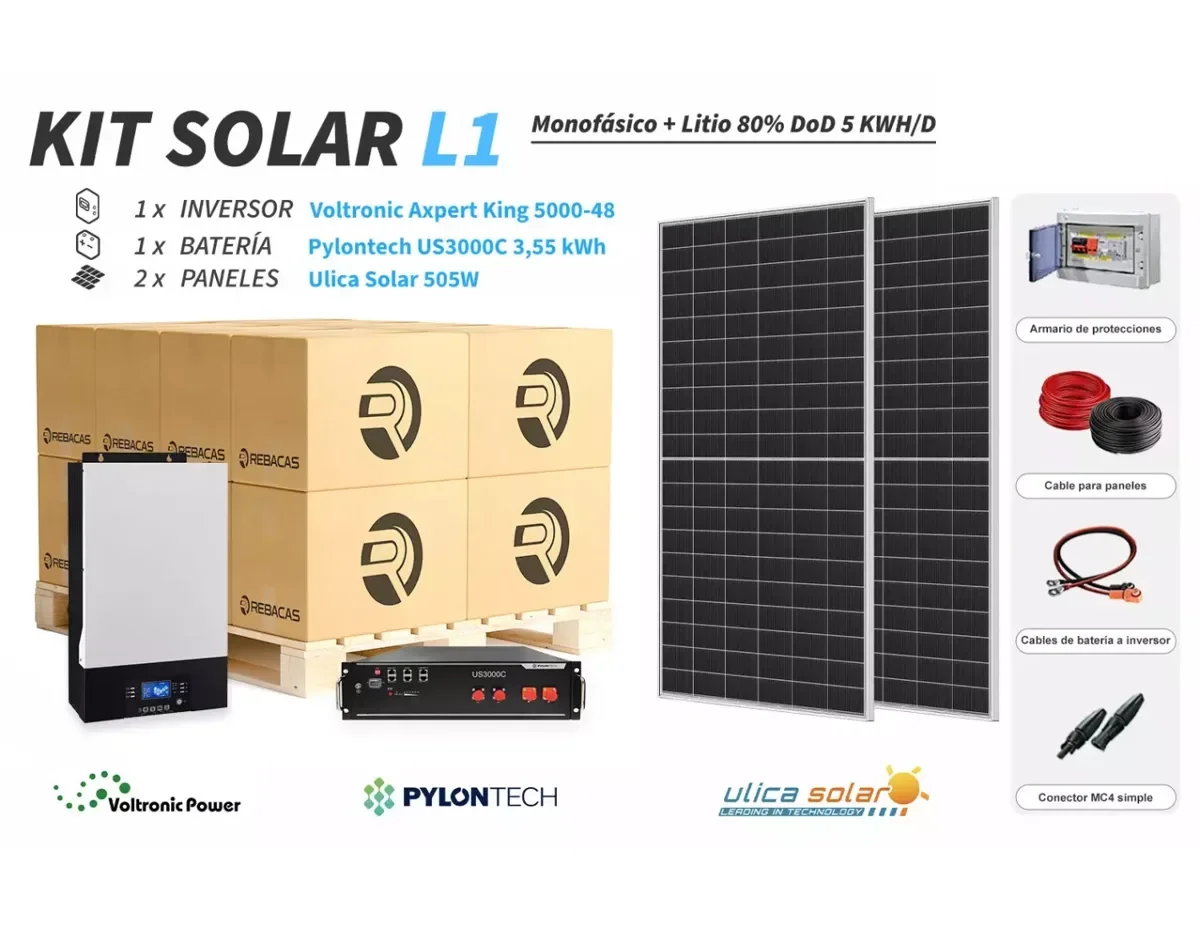 Kit Solar litio L1 5 kWh/día Pylontech 3,55 kWh 80% DOD