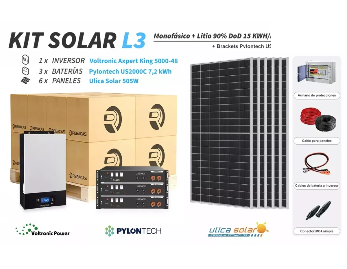 Kit Solar litio L3 15 kWh/día Pylontech 7,2 kWh 90% DOD