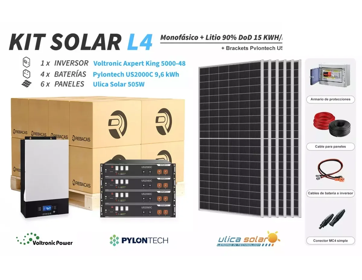Kit Solar litio L4 15 kWh/día Pylontech 9,6 kWh 90% DOD