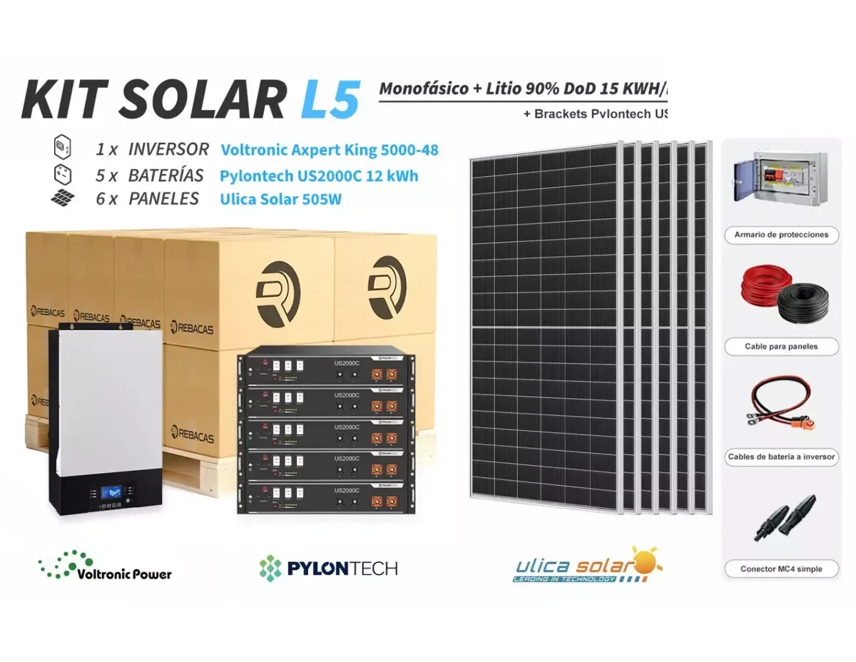 Kit Solar litio L5 15 kWh/día Pylontech 12 kWh 90% DOD