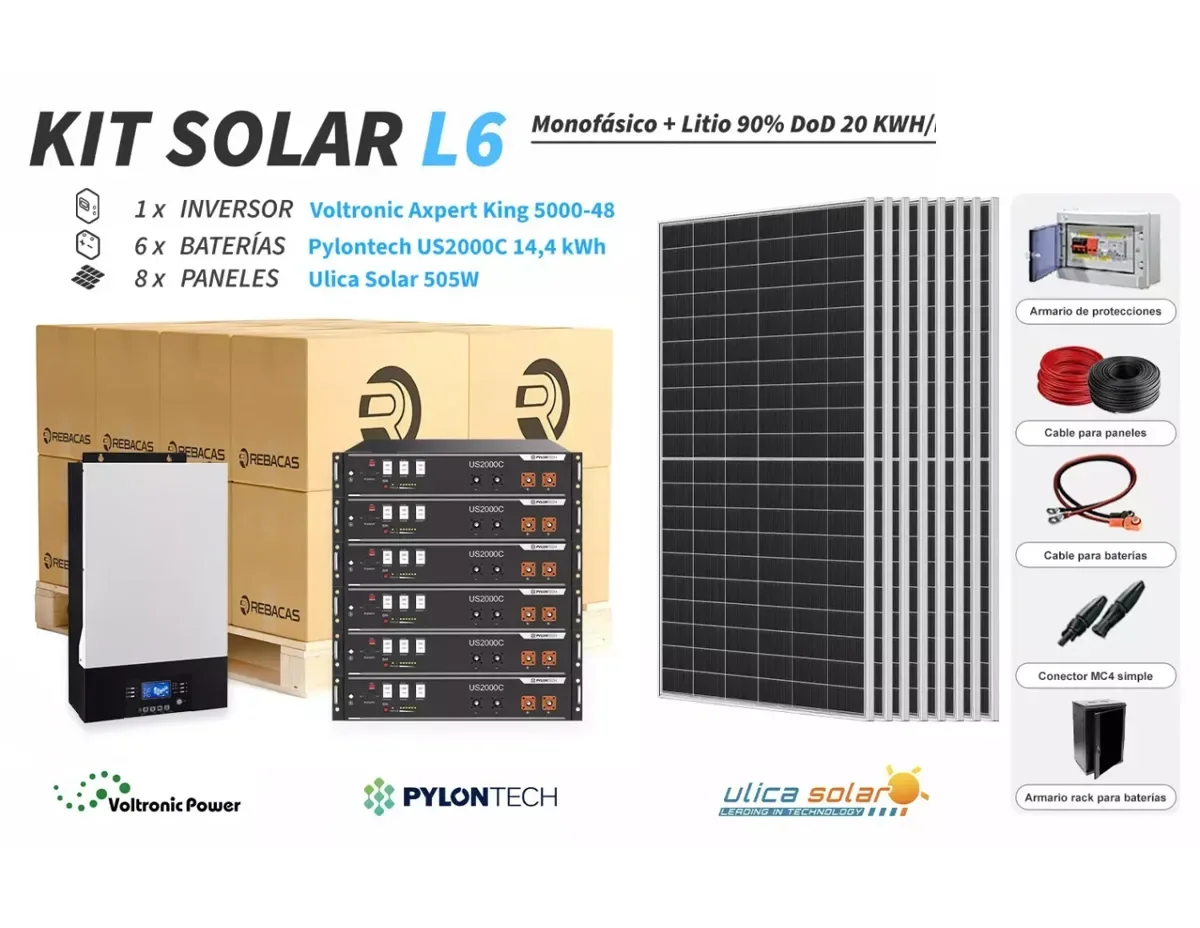 Kit Solar litio L6 18 kWh/día Pylontech 14,4 kWh 90% DOD