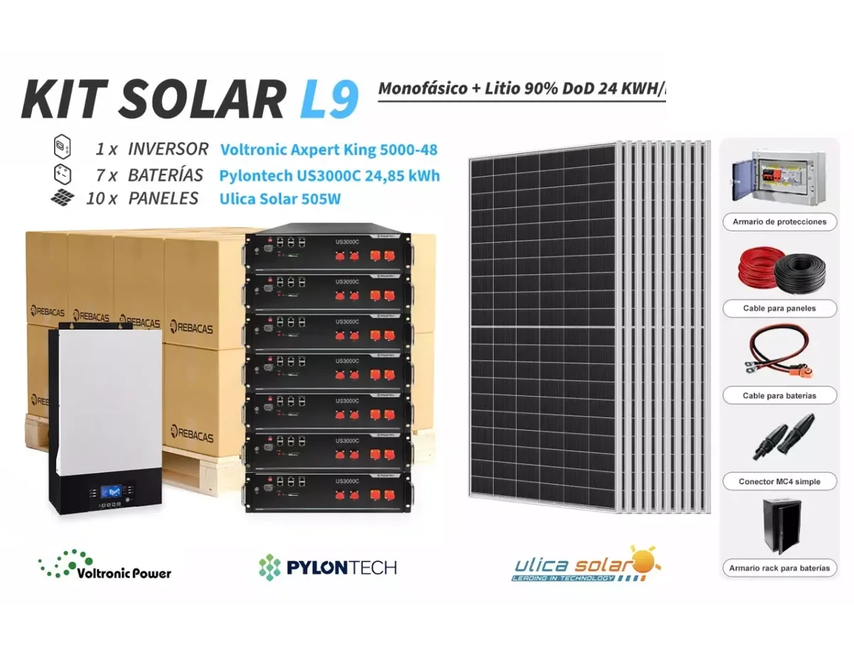 Kit Solar litio L9 24 kWh/día Pylontech 24,85 kWh 80% DOD