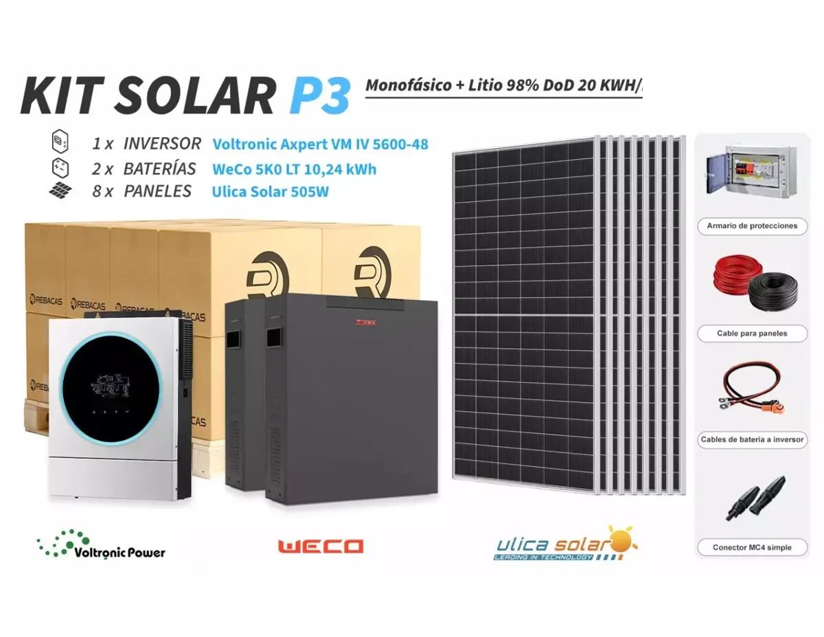 Kit Solar litio P3 20 kWh/día WeCo 10,24 kWh 98% DOD
