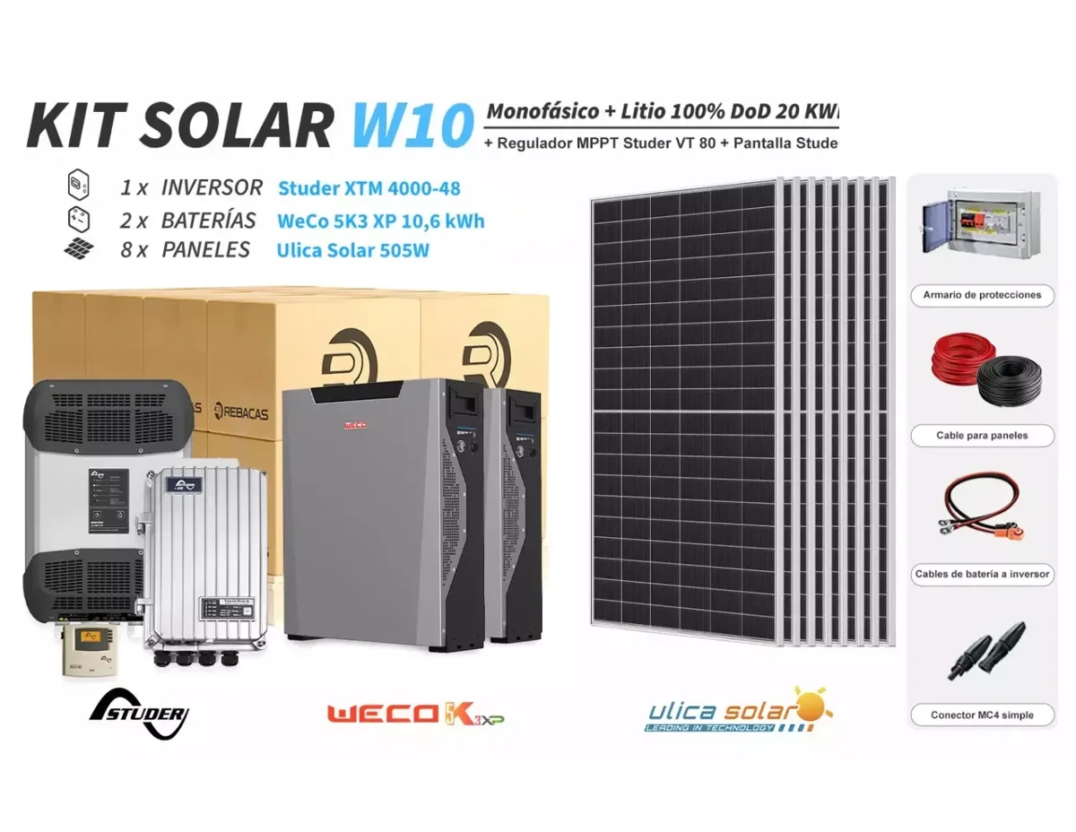 Kit Solar litio W10 20 kWh/día WeCo 10,6 kWh 100% DOD