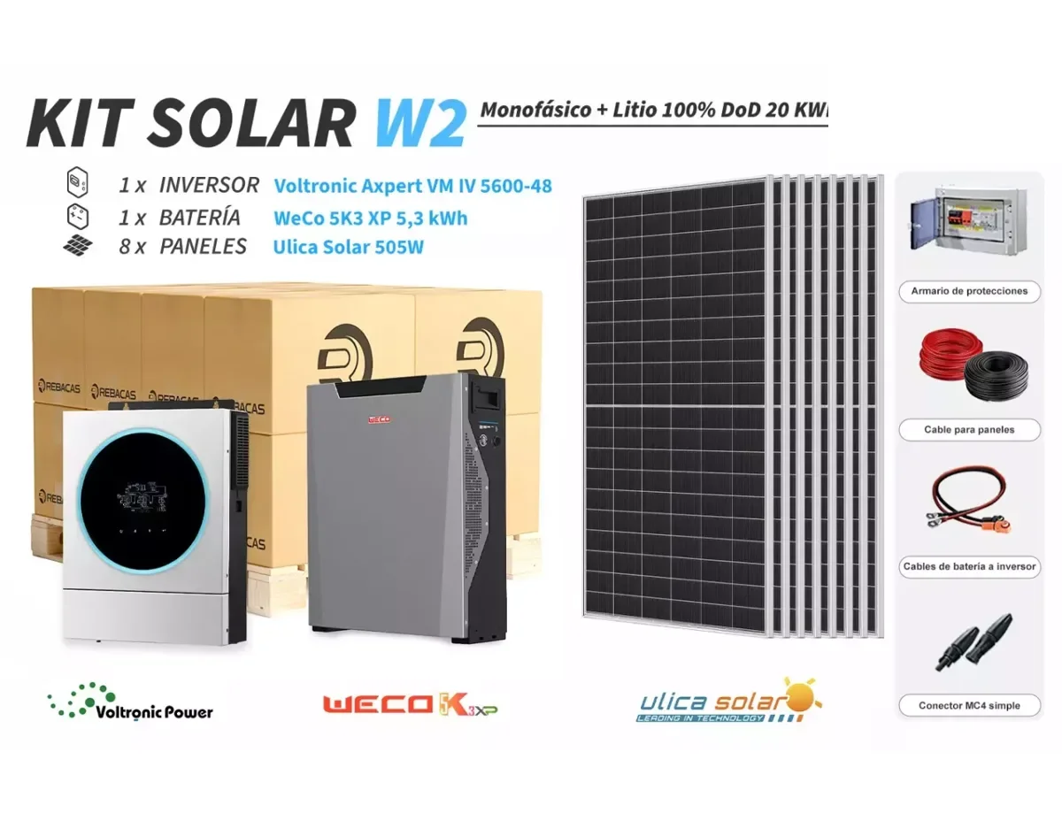 Kit Solar litio W2 20 kWh/día WeCo 5,3 kWh 100% DOD