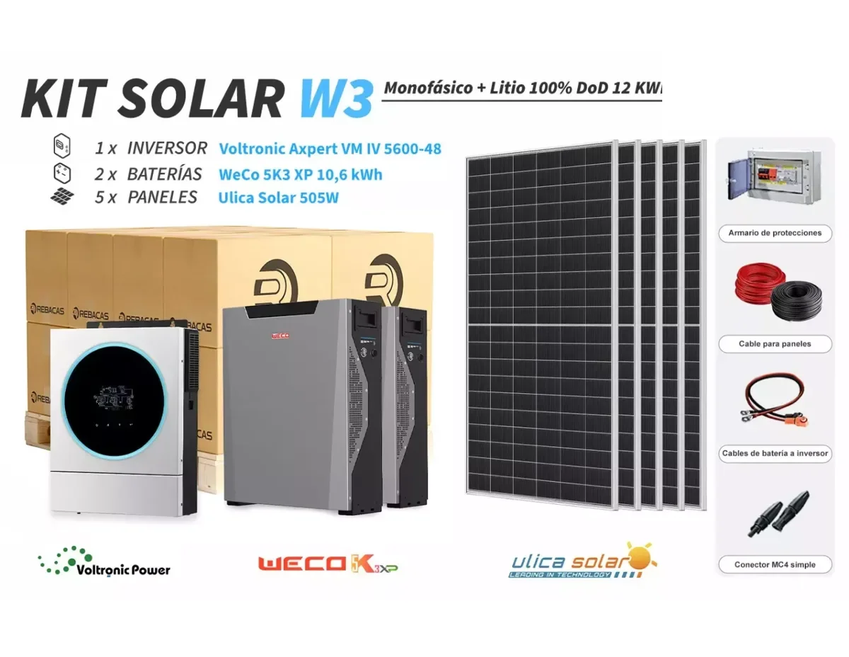 Kit Solar litio W3 12 kWh/día WeCo 10,6 kWh 100% DOD