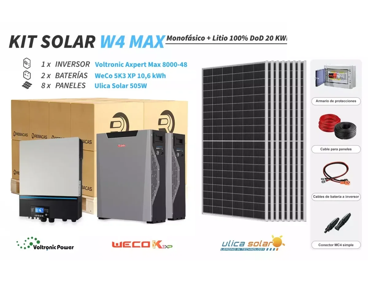 Kit Solar litio W4 MAX 20 kWh/día WeCo 10,6 kWh 100% DOD