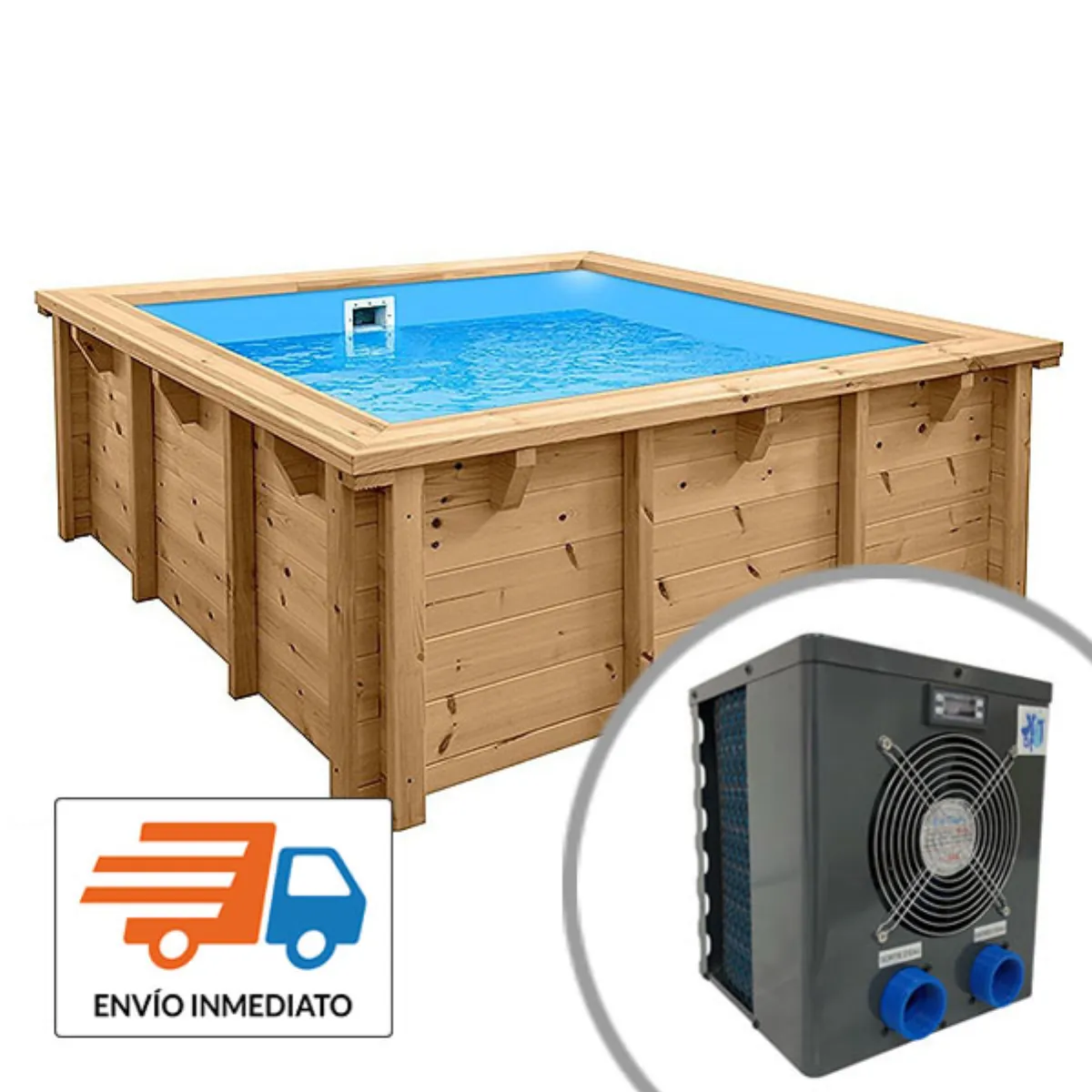 Piscina de madera climatizada Java 2,10 x 2,10 x 0,78m con depuradora Monoblock de